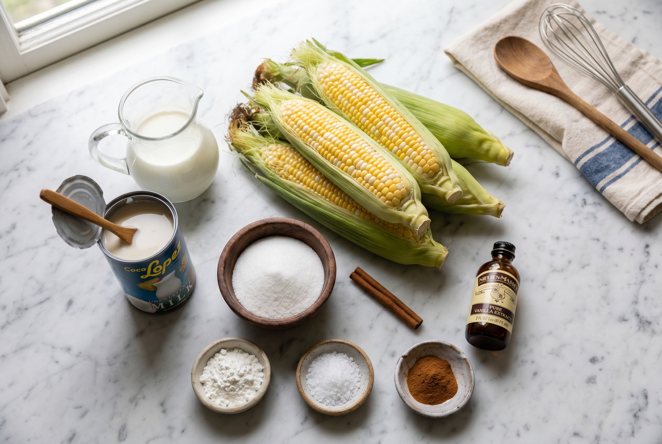 Ingredients for majarete dominicano - fresh corn milk coconut milk sugar cinnamon vanilla cornstarch