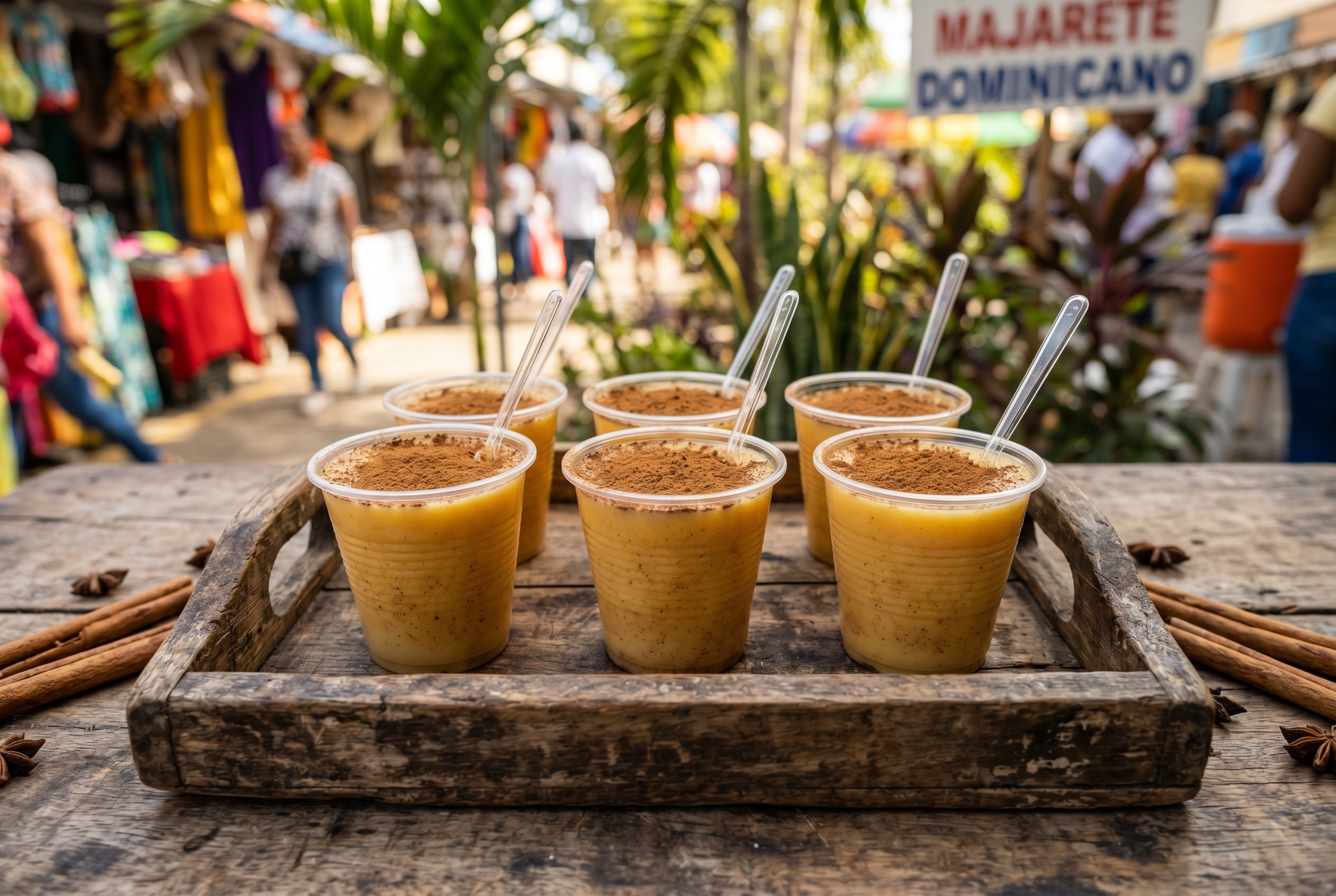 Cups of majarete dominicano on a tray dusted with cinnamon