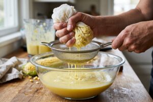 Corn and milk being strained through cheesecloth into a bowl