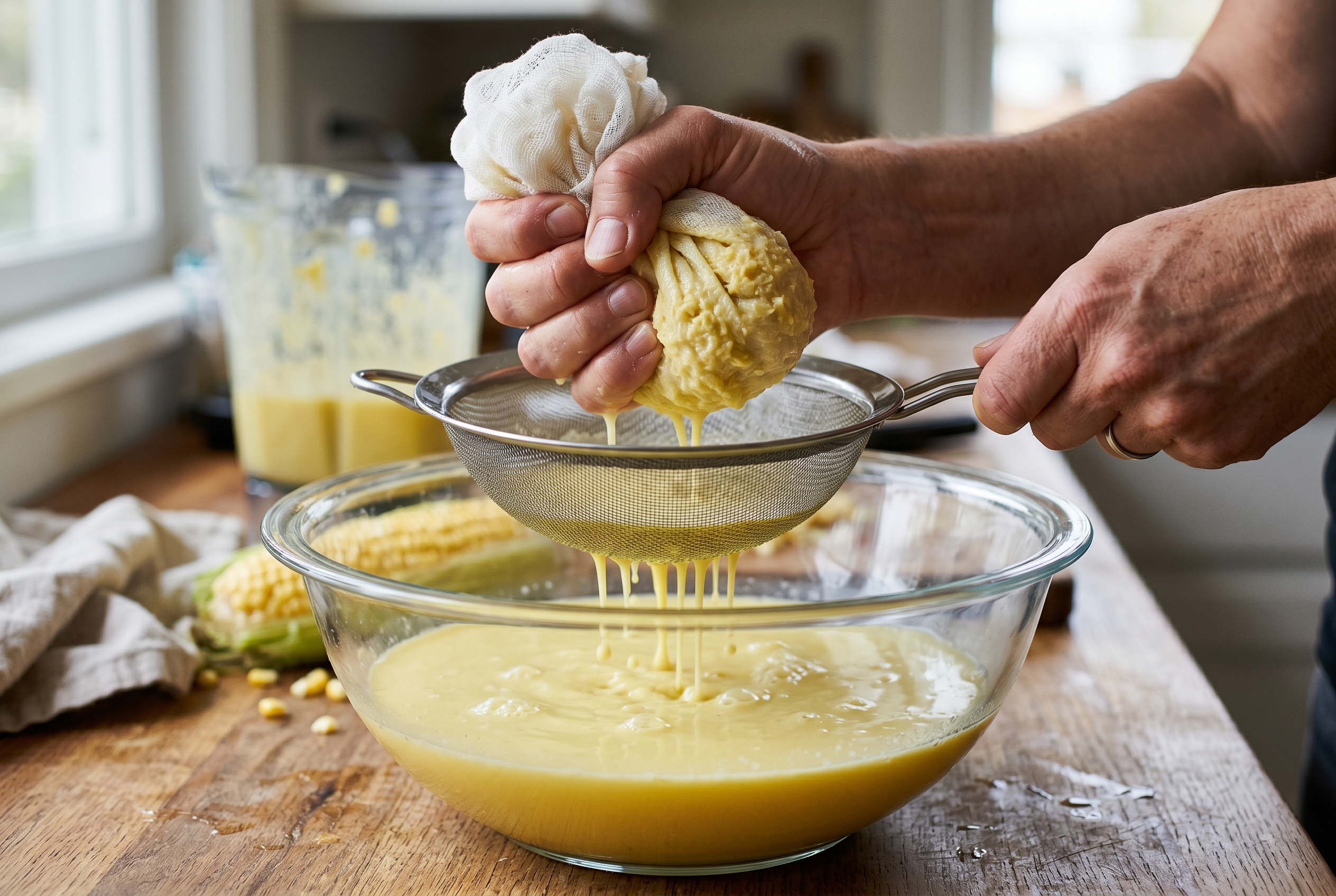 Corn and milk being strained through cheesecloth into a bowl