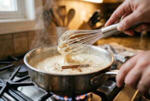 Majarete thickening in a saucepan with a whisk being stirred