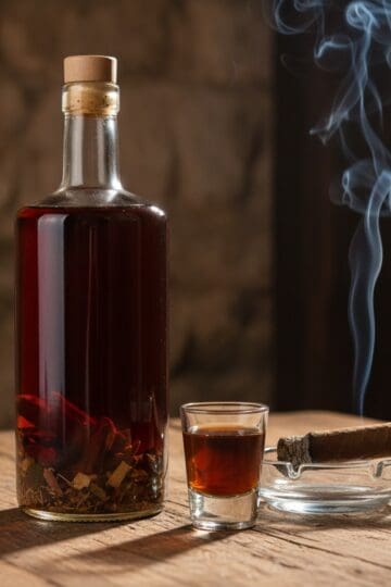 Bottle of dark amber mamajuana with bark visible in glass and shot glass beside it