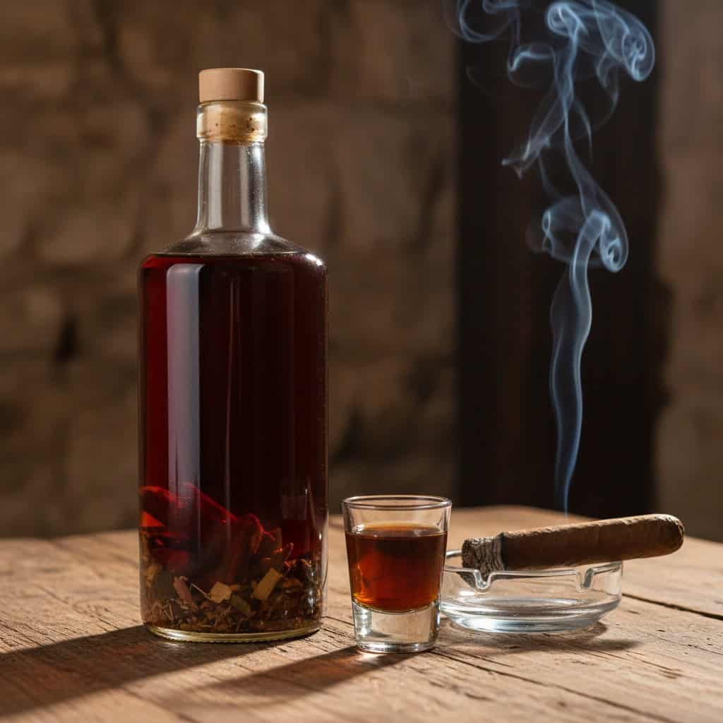 Bottle of dark amber mamajuana with bark visible in glass and shot glass beside it