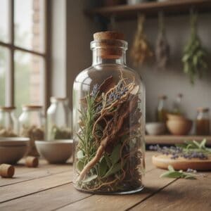 Mamajuana kit showing tree bark herbs and roots in a glass bottle