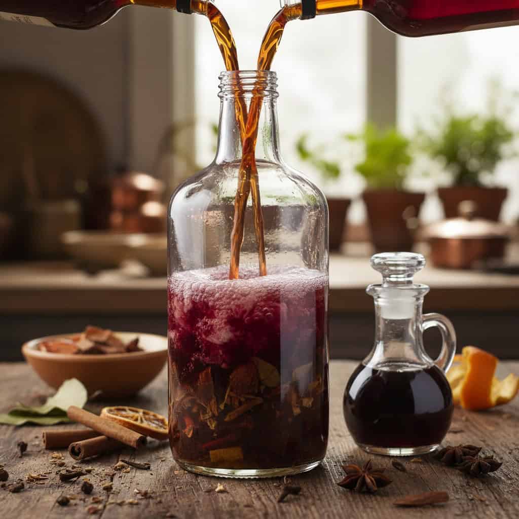 Mamajuana drinking batch being mixed with rum wine and honey over the bark