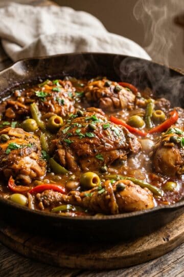 Dominican Marry Me Pollo Guisado braised chicken in cast iron skillet with rich tomato sofrito sauce