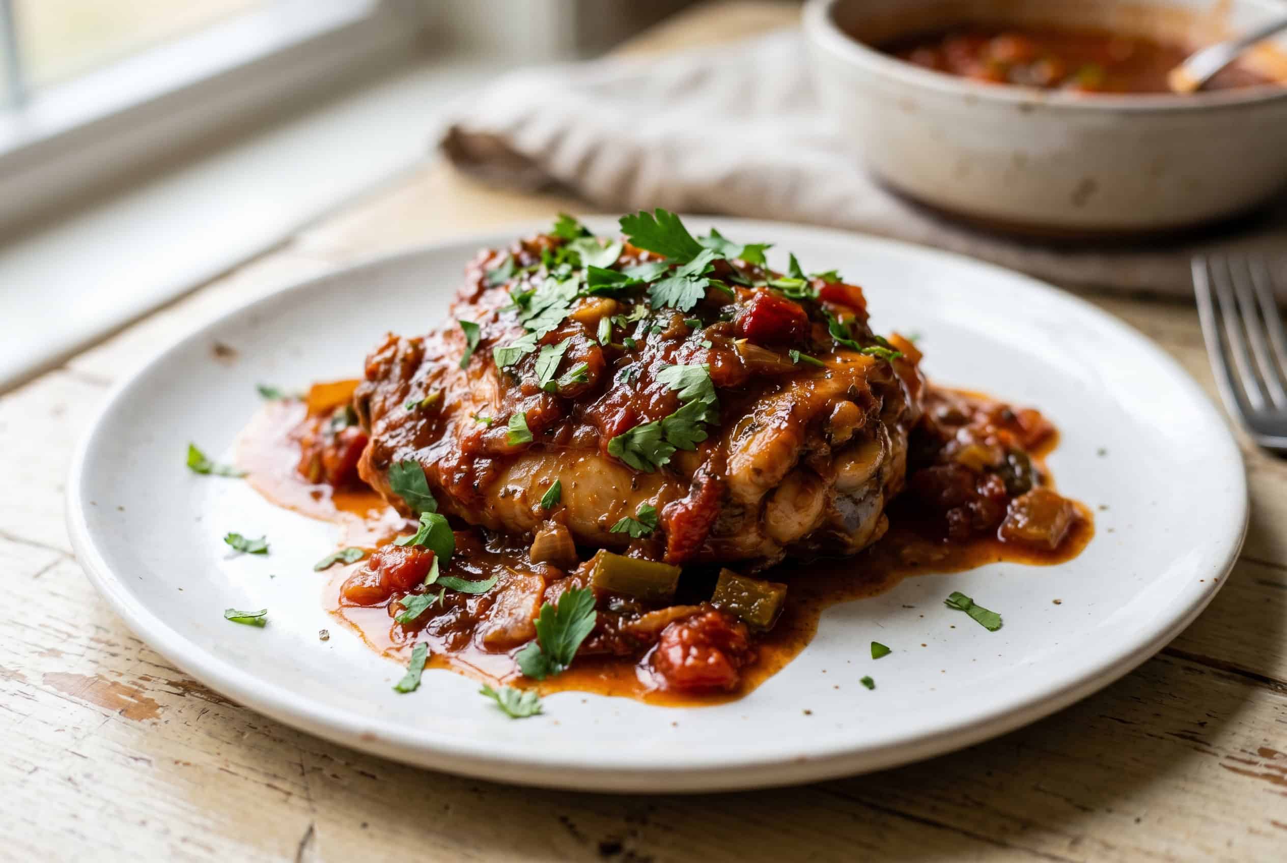 Marry Me Pollo Guisado chicken plated close-up with rich sauce and herbs