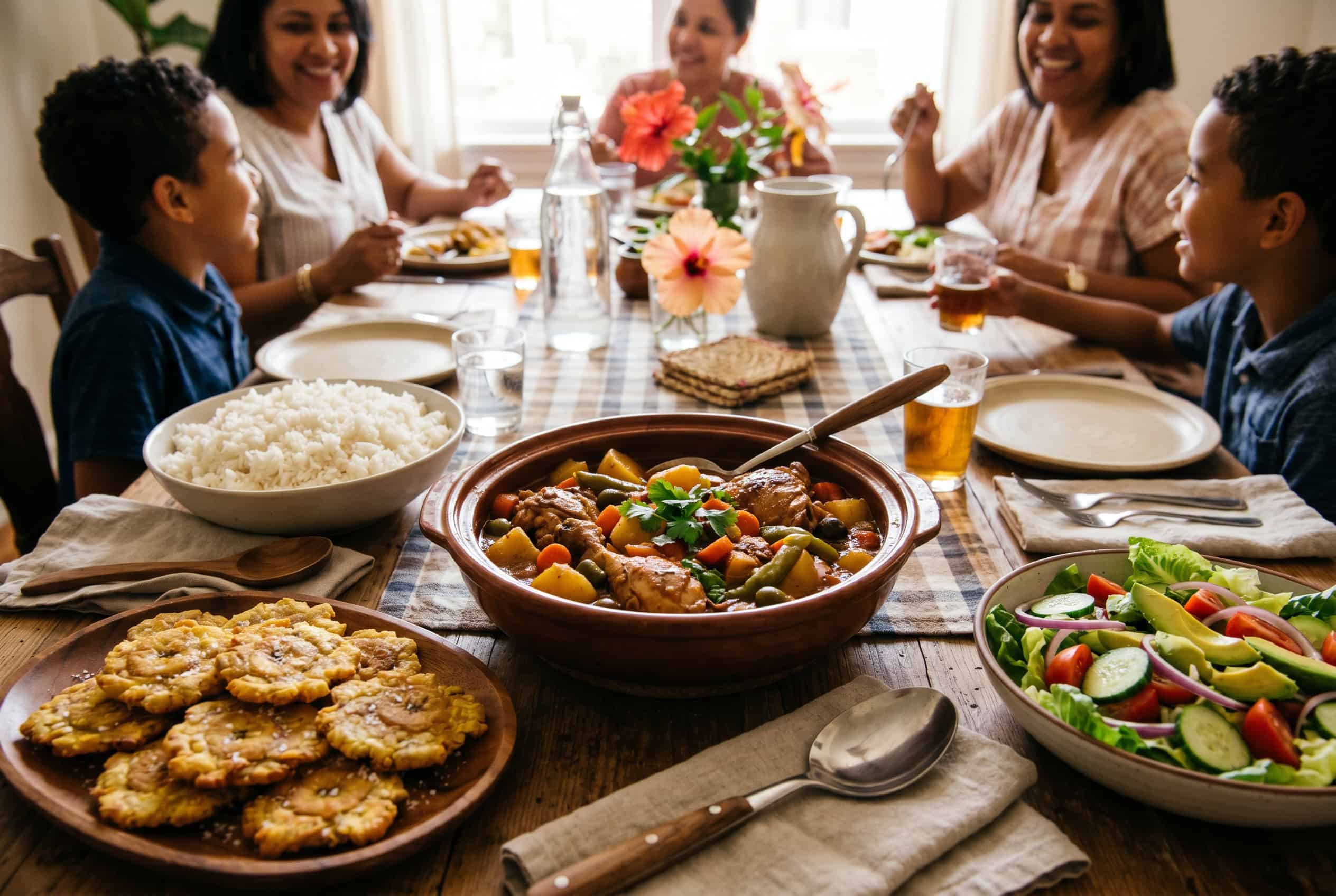 Family table spread with Marry Me Pollo Guisado, rice, and tostones