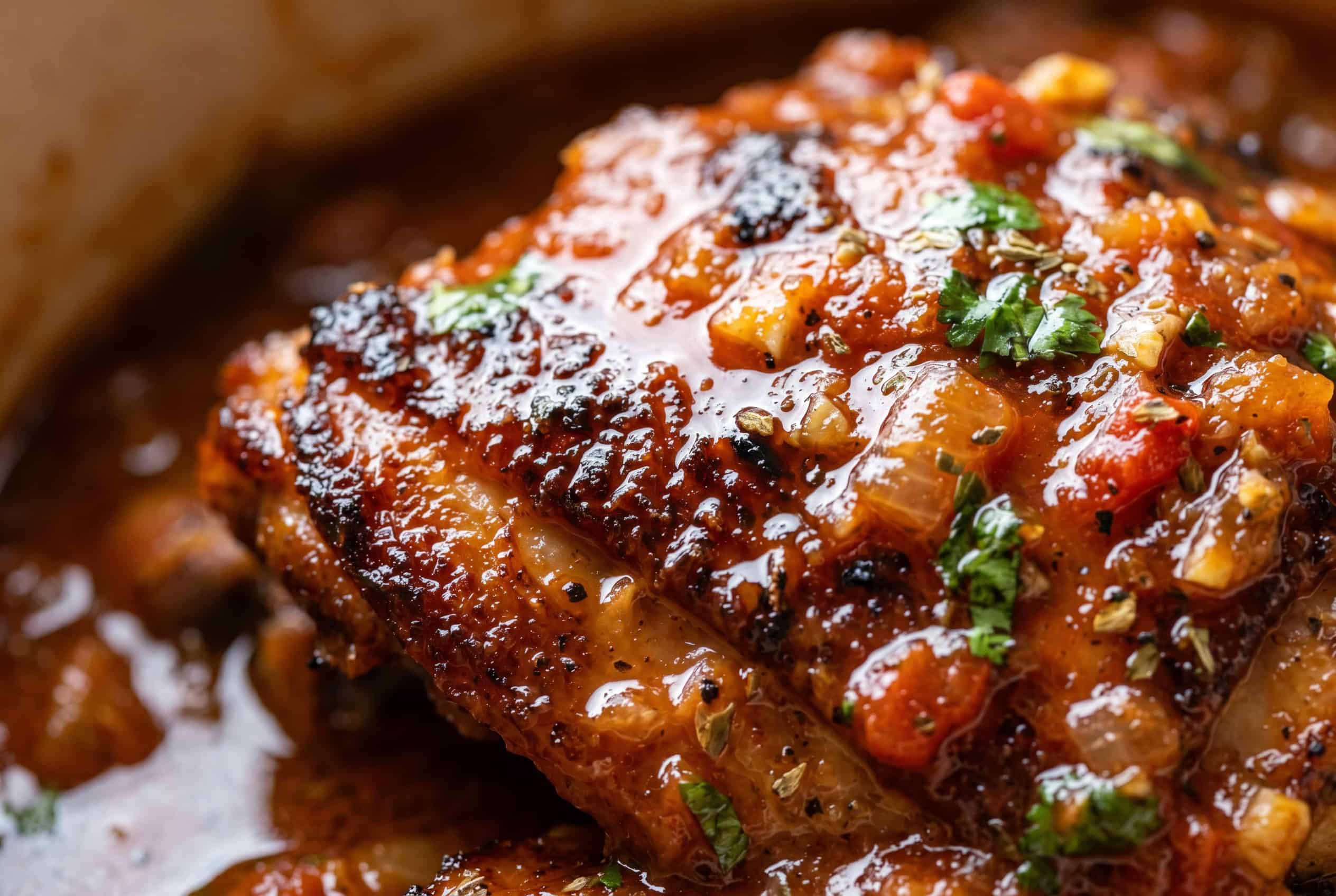 Close-up macro of glossy braised chicken skin in tomato sofrito sauce