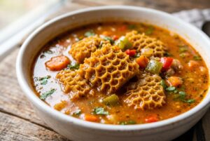 Close-up bowl of Dominican mondongo with tender tripe chayote and calabaza