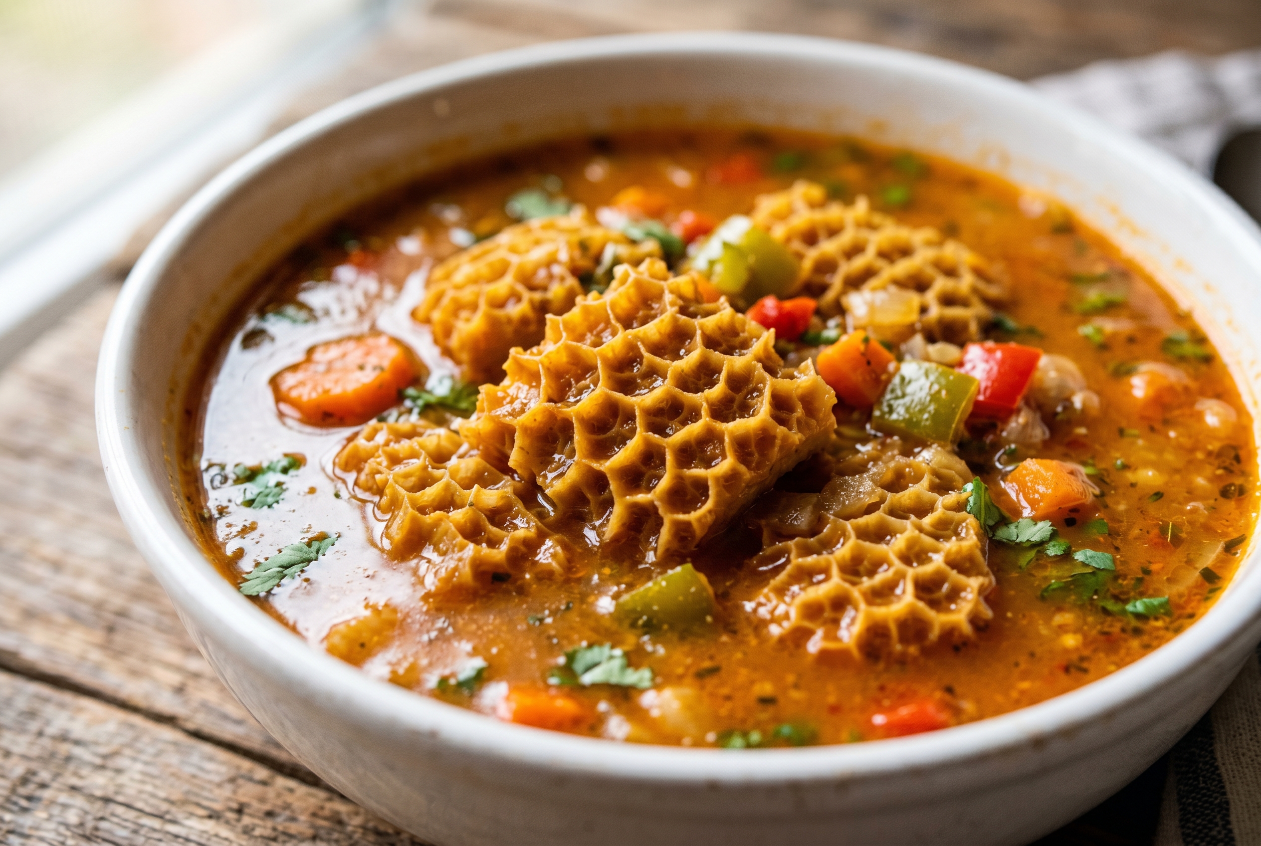 Close-up bowl of Dominican mondongo with tender tripe chayote and calabaza