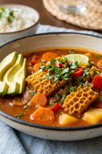 Big bowl of Dominican mondongo with tripe chayote calabaza and cilantro