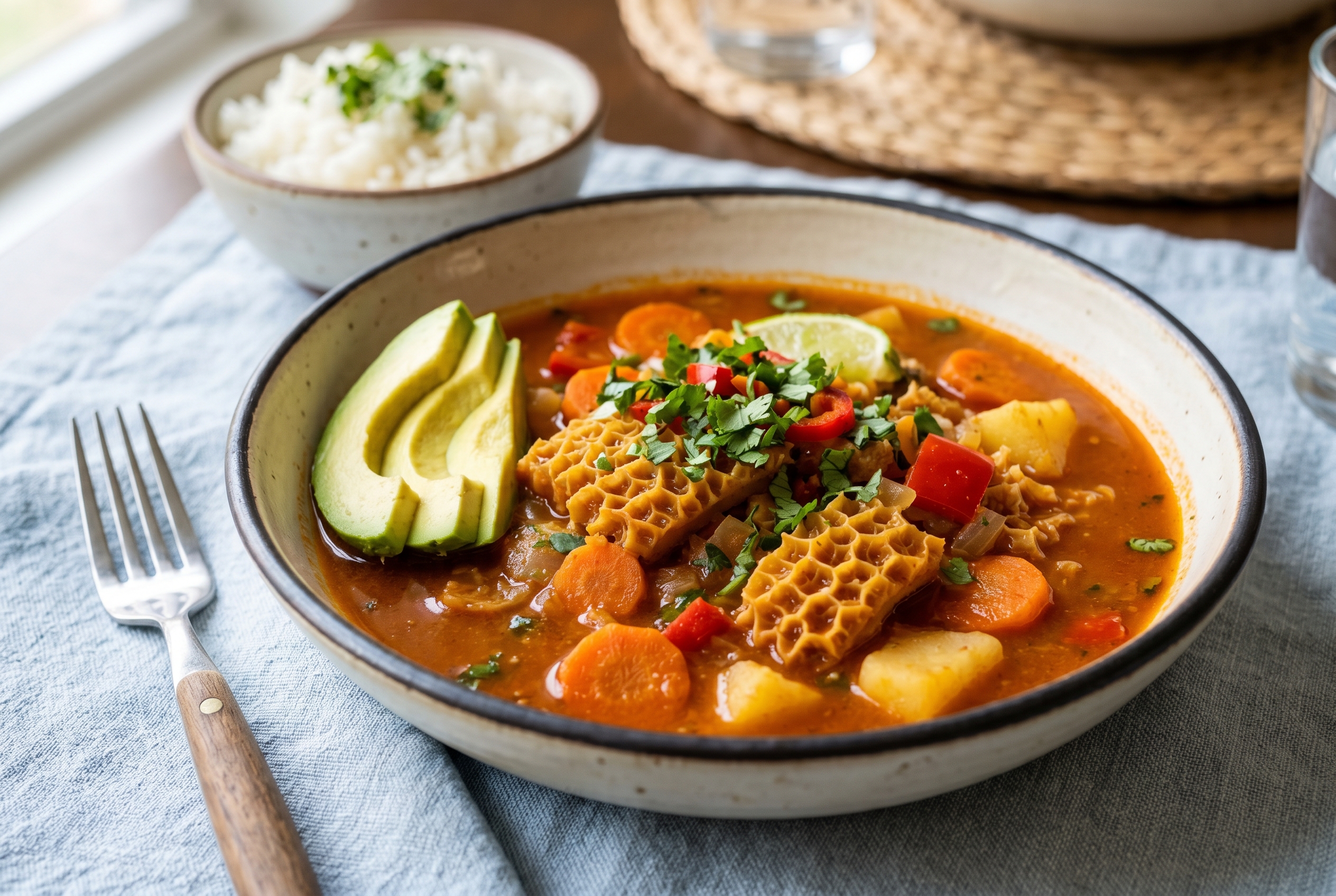 Big bowl of Dominican mondongo with tripe chayote calabaza and cilantro