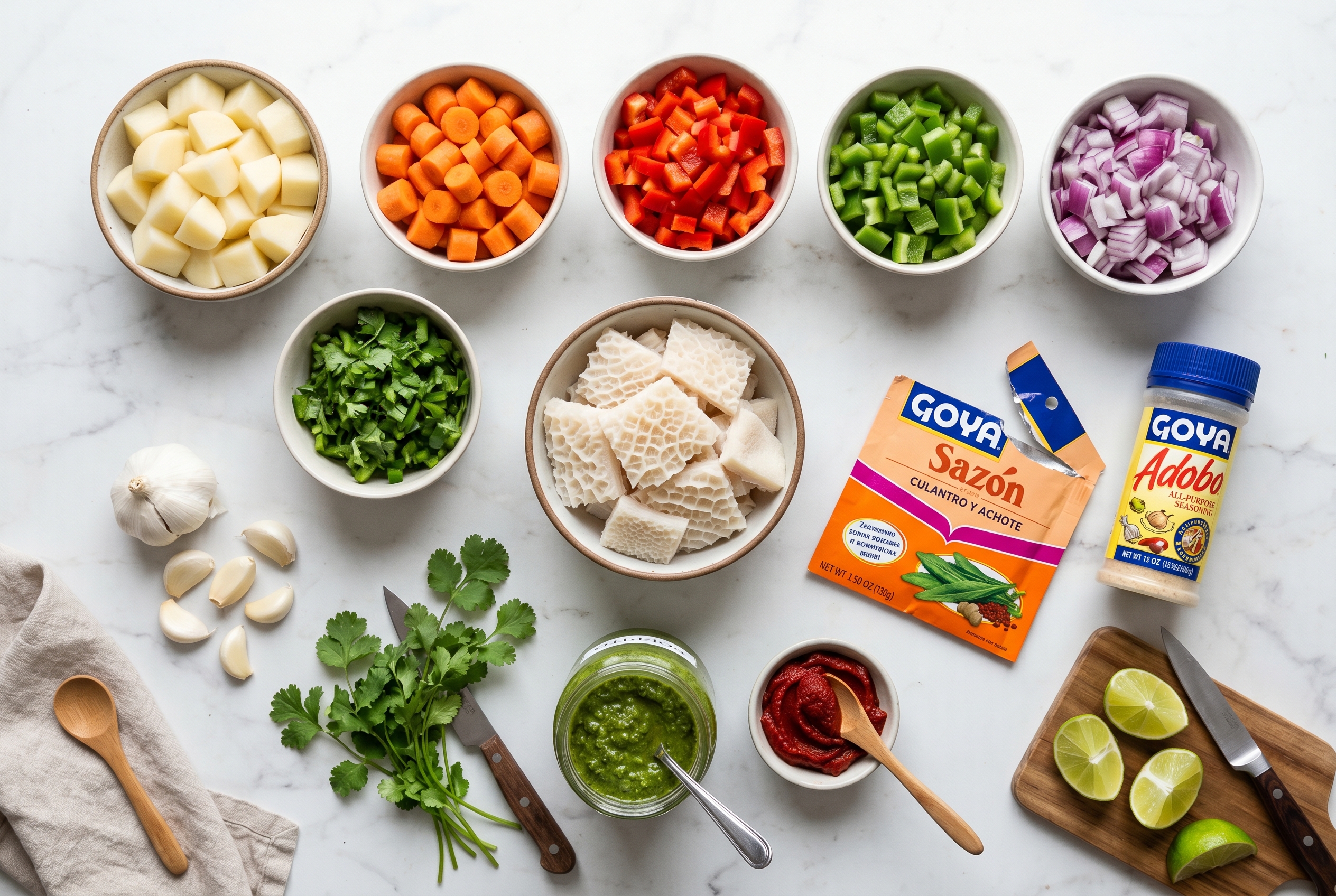 Flat lay ingredients for Dominican mondongo - tripe chayote calabaza sofrito sour orange