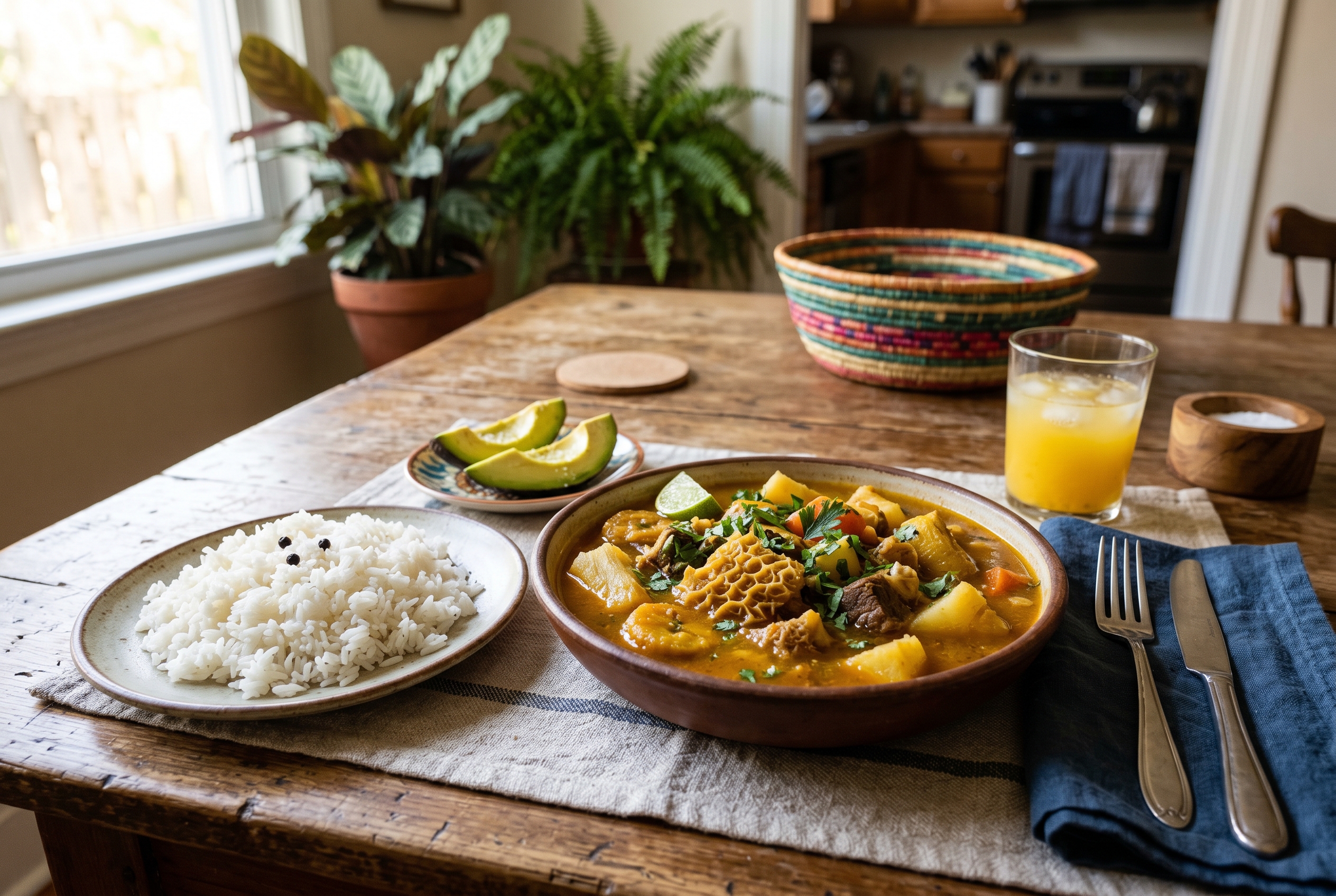 Dominican Sunday table with mondongo rice tostones and Presidente beer