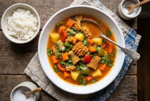 Overhead view of Dominican mondongo with rice tostones and lime