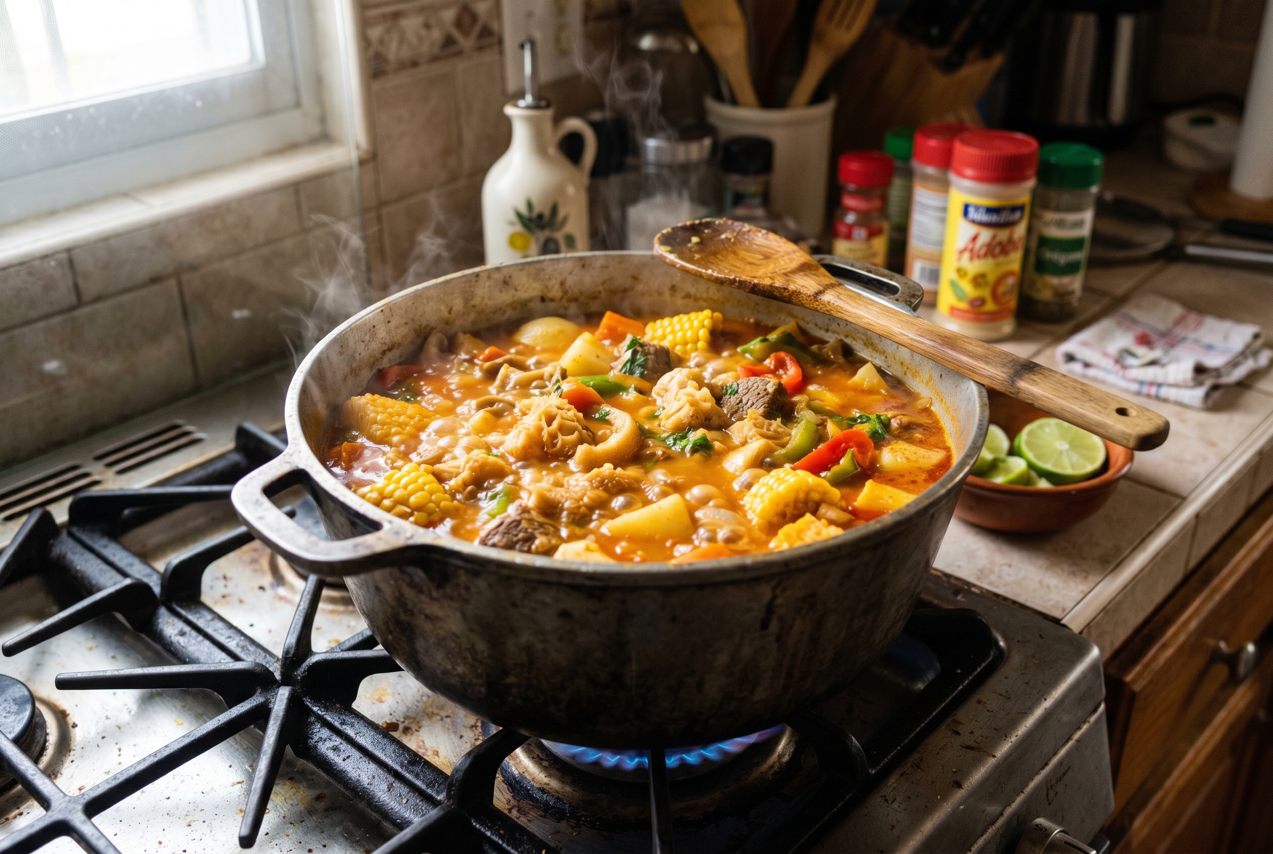 Caldero pot of Dominican mondongo simmering with sofrito and vegetables