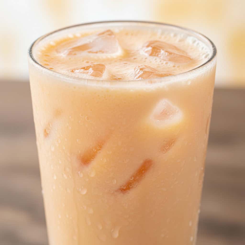 Close-up of morir soñando in glass showing creamy orange color and ice