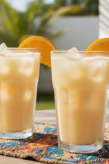 Tall glass of Dominican morir soñando creamy orange milk drink with ice and orange slice