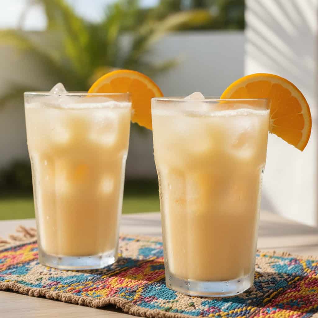 Tall glass of Dominican morir soñando creamy orange milk drink with ice and orange slice