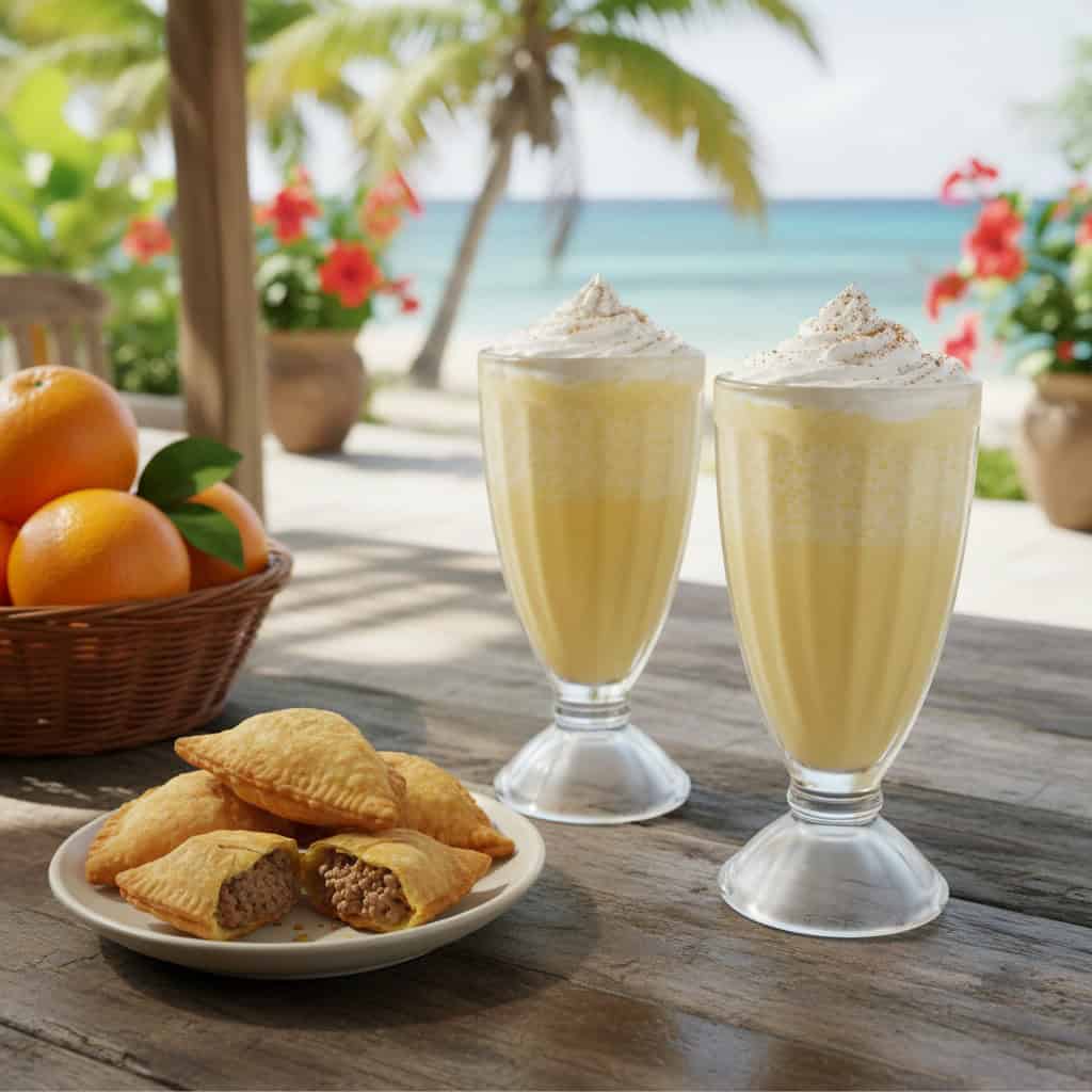 Two glasses of morir soñando served outdoors on a sunny day with snacks