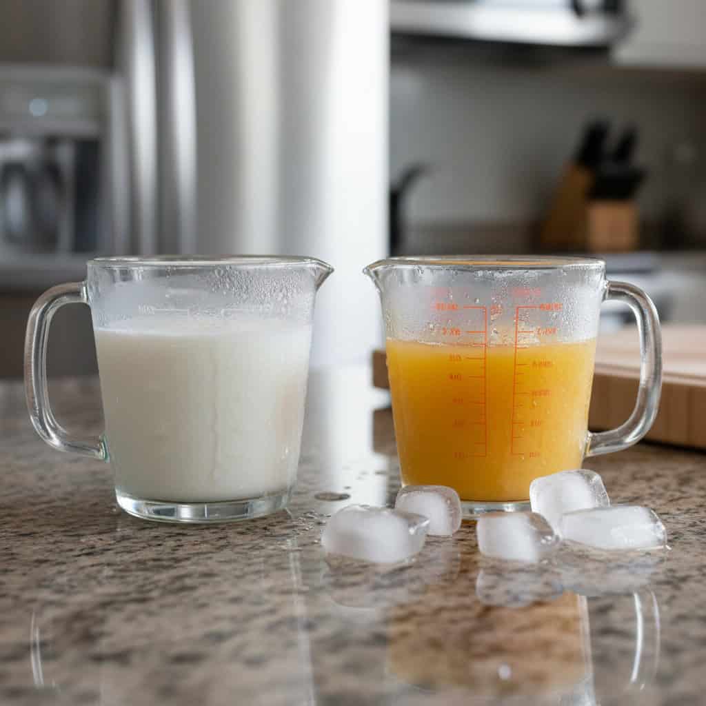 Cold ingredients for morir soñando: orange juice, milk, ice
