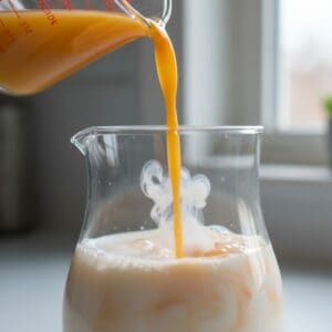 Orange juice being slowly poured into milk for morir soñando