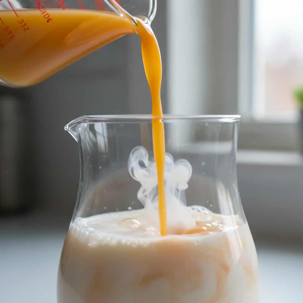 Orange juice being slowly poured into milk for morir soñando