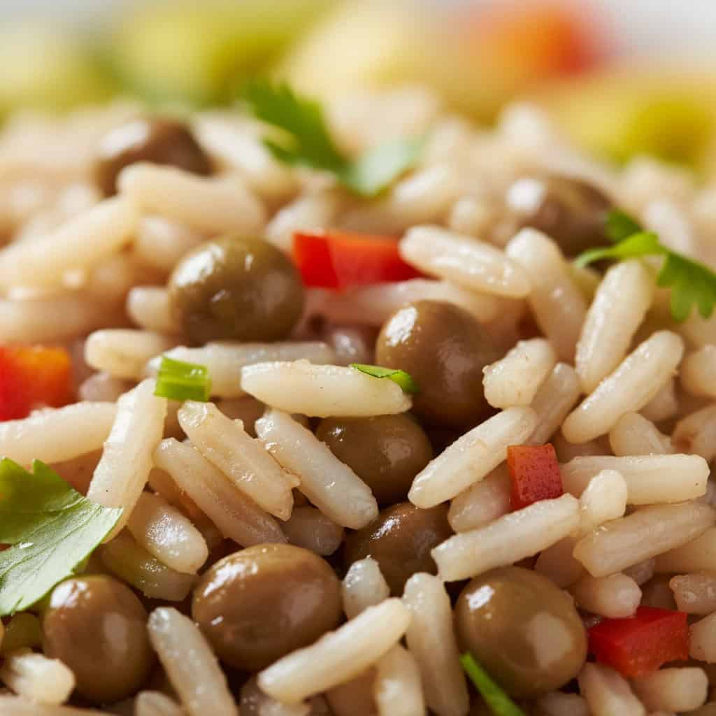 Close-up of moro showing fluffy rice grains with pigeon peas