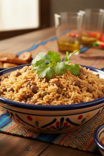 Dominican moro de guandules rice and pigeon peas with coconut milk in a serving bowl