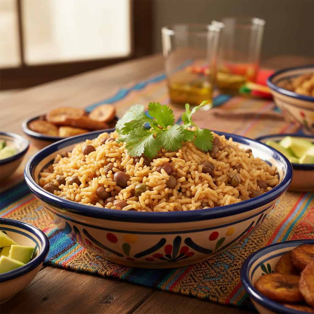 Dominican moro de guandules rice and pigeon peas with coconut milk in a serving bowl