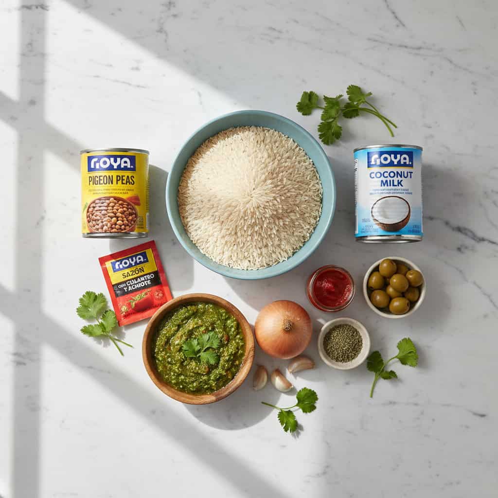 Ingredients for moro de guandules including rice, pigeon peas, coconut milk, and sofrito