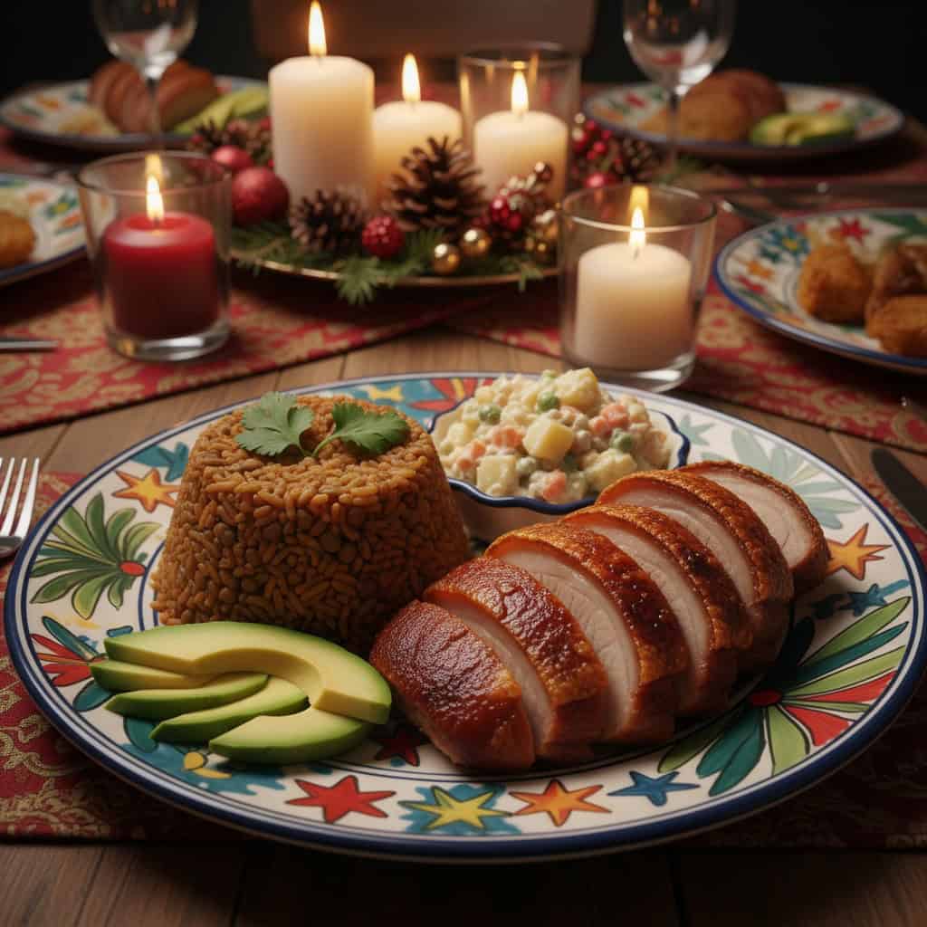 Moro de guandules served alongside pernil for Christmas Eve dinner