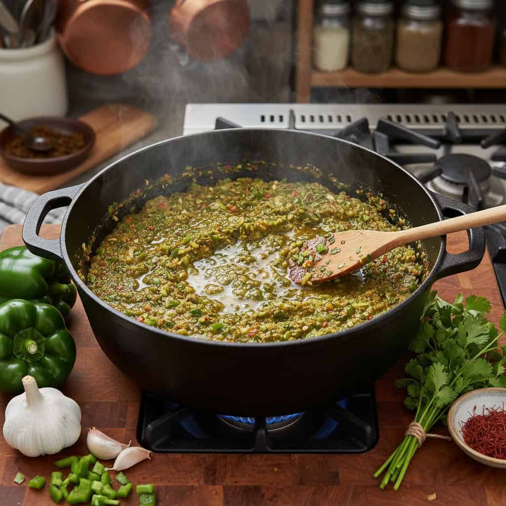 Sofrito base cooking in pot for moro de guandules