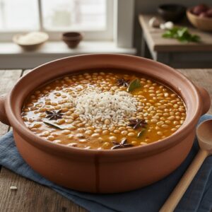 Rice and pigeon peas combined for moro de guandules with coconut broth