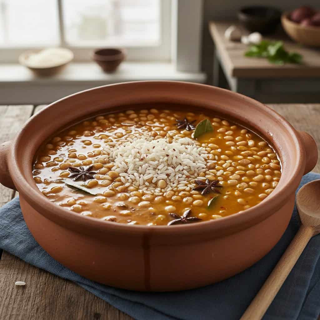 Rice and pigeon peas combined for moro de guandules with coconut broth
