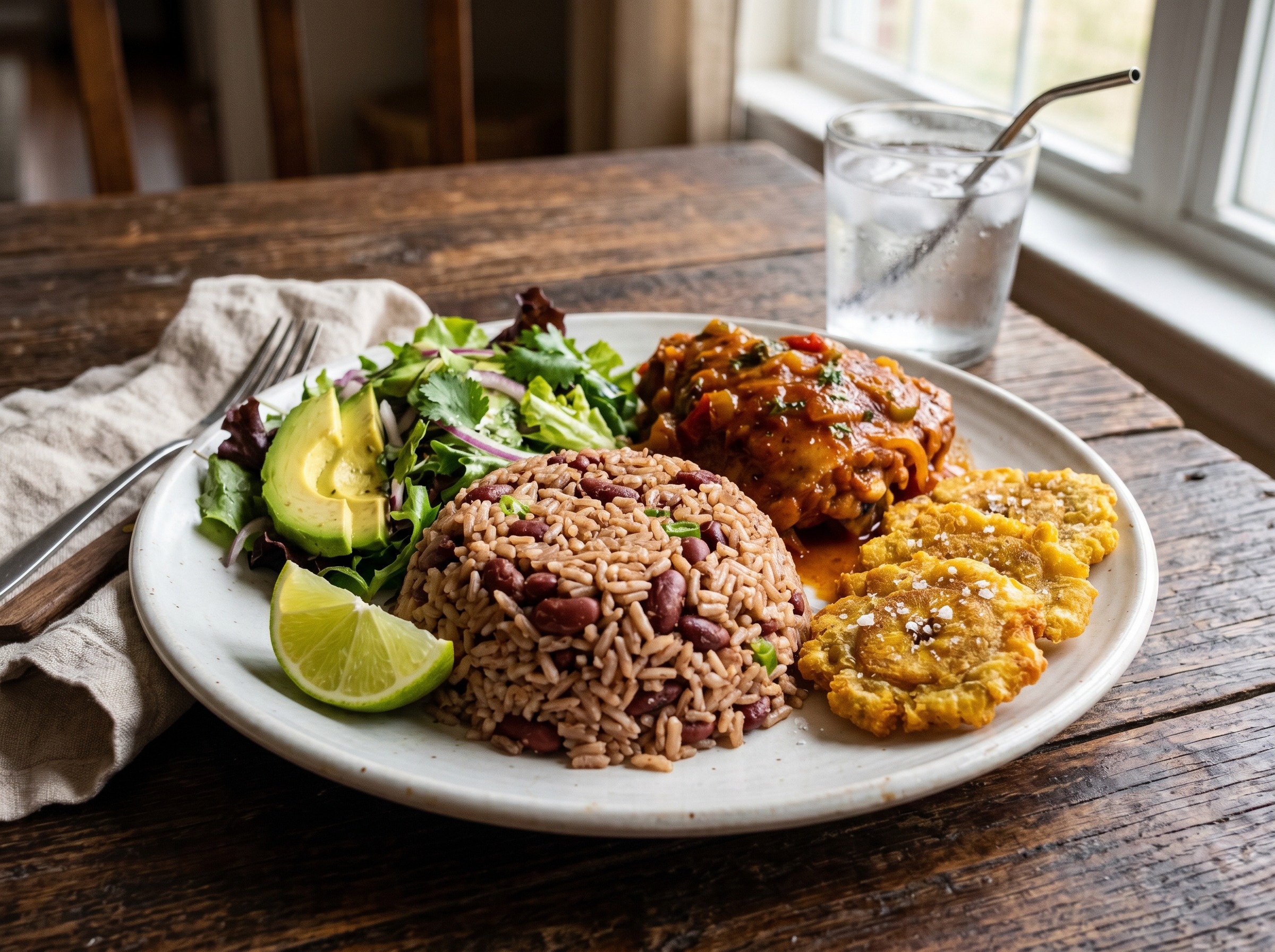 A plate of moro de habichuelas rojas served alongside crispy tostones, a piece of pollo guisado, and a fresh green salad