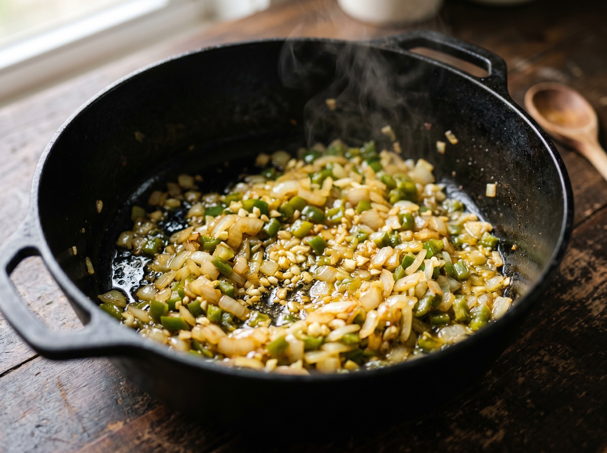 Sofrito of diced onion, green bell pepper, and garlic sautéing in olive oil in a Dutch oven, glistening and fragrant