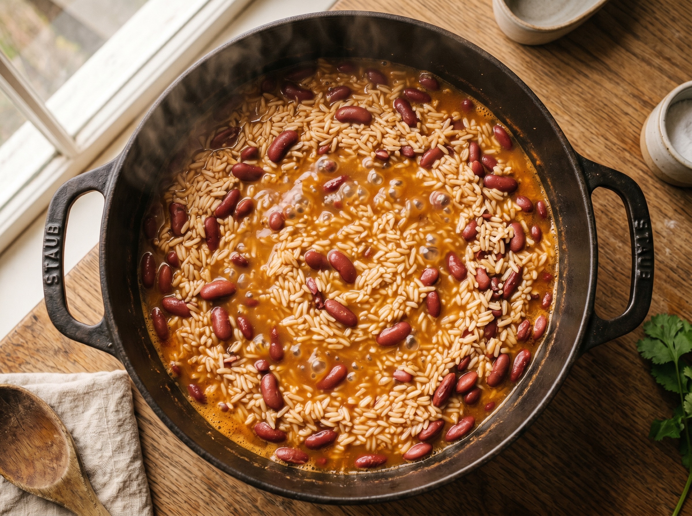 Rice and red kidney beans simmering in a Dutch oven with seasoned broth, liquid just below the surface of the rice, small steam holes visible