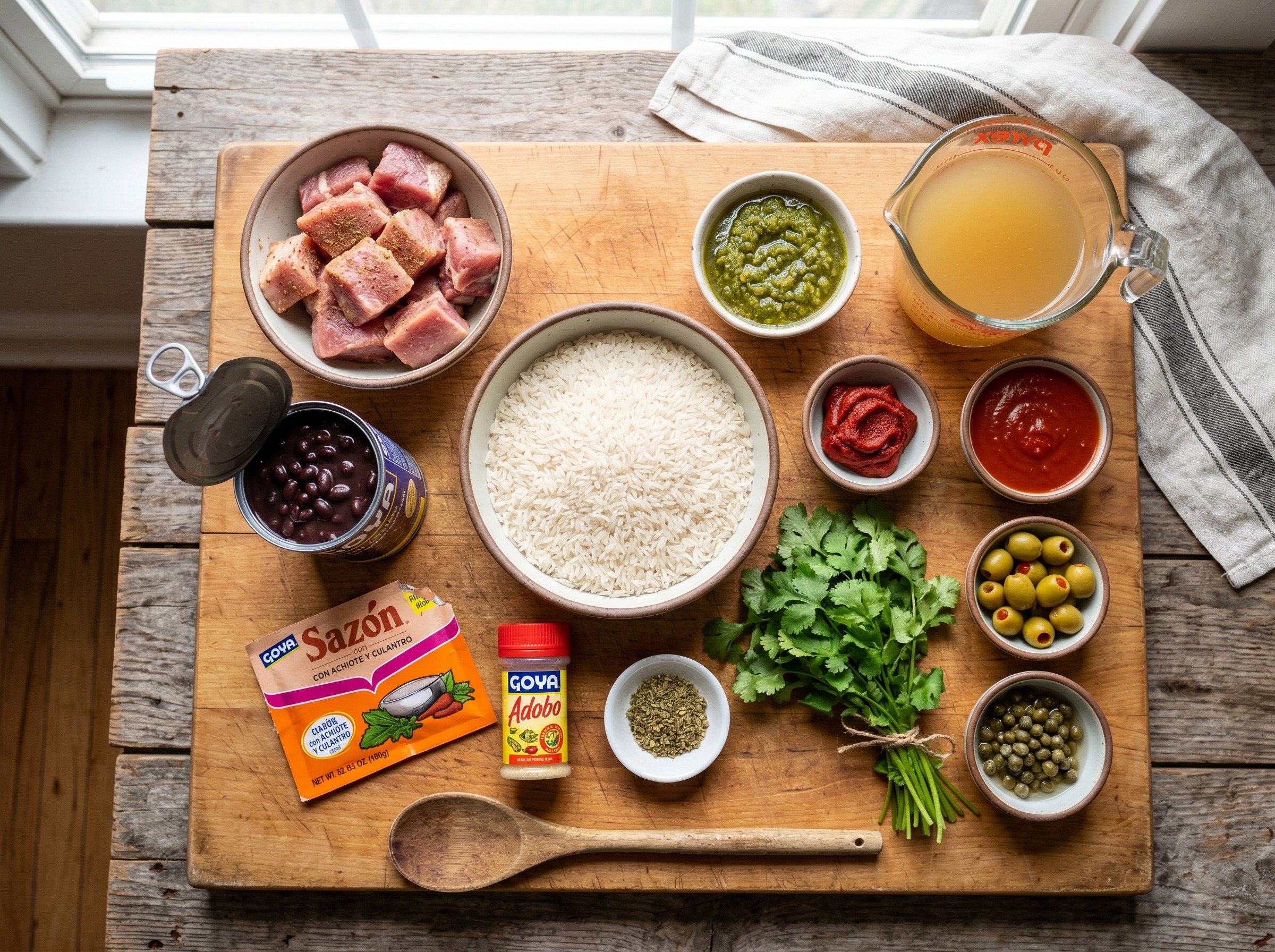All ingredients for moro locrio dominicano laid out on a wooden cutting board — pork, black beans, rice, sofrito vegetables, and Dominican seasonings