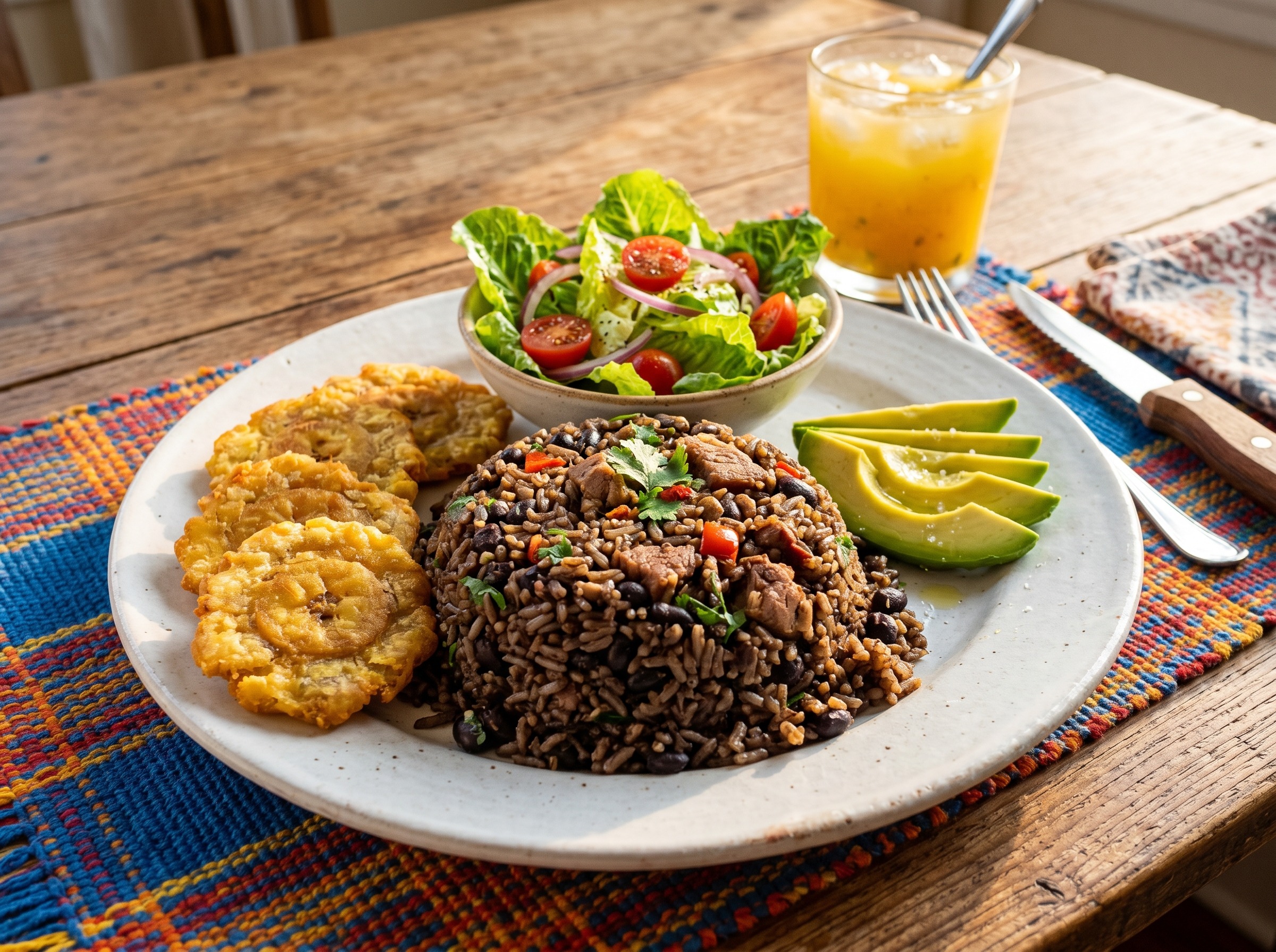 Moro locrio dominicano plated with tostones and avocado slices on a colorful Dominican table setting