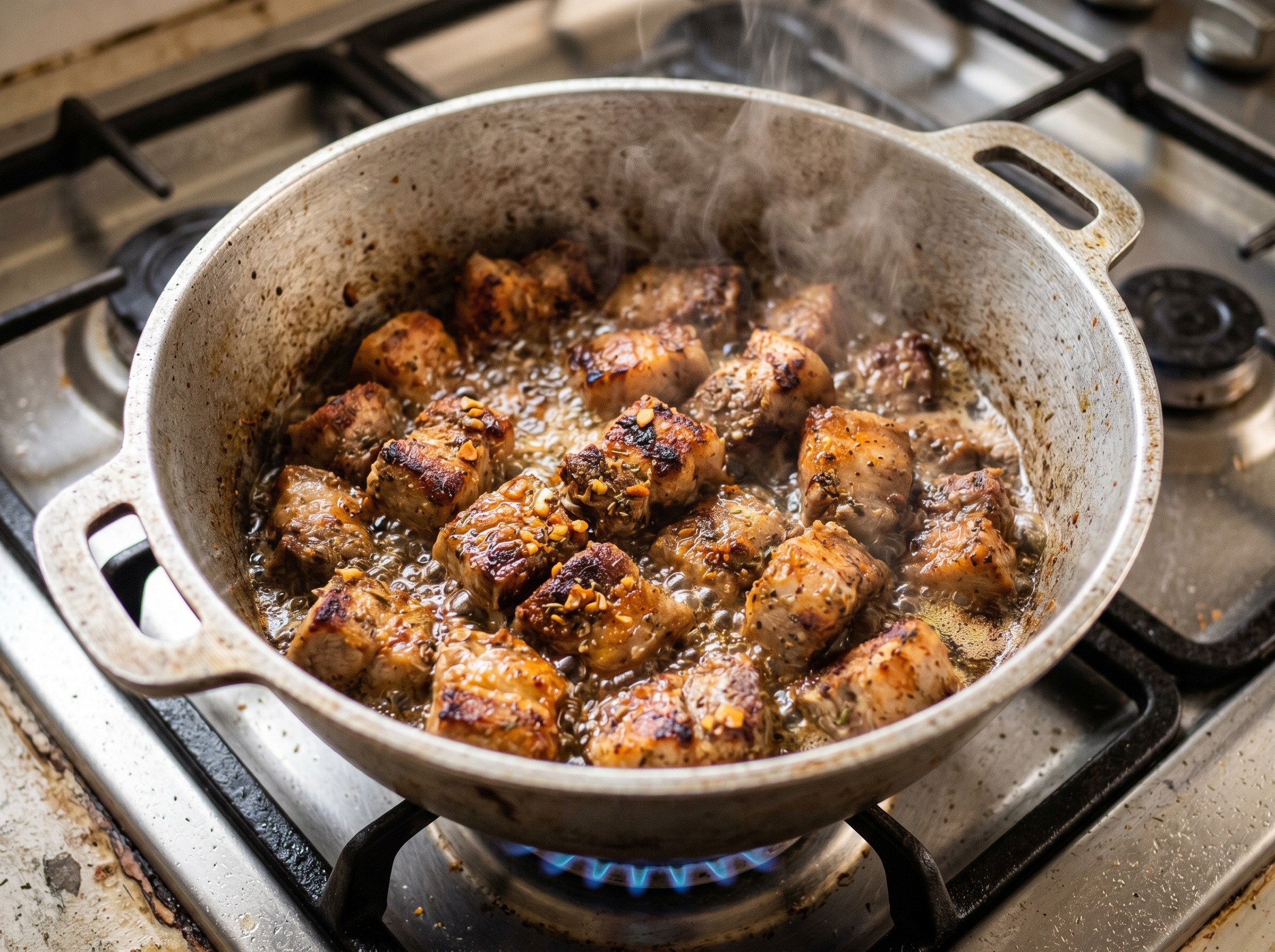 Seasoned pork pieces browning in a caldero for moro locrio dominicano