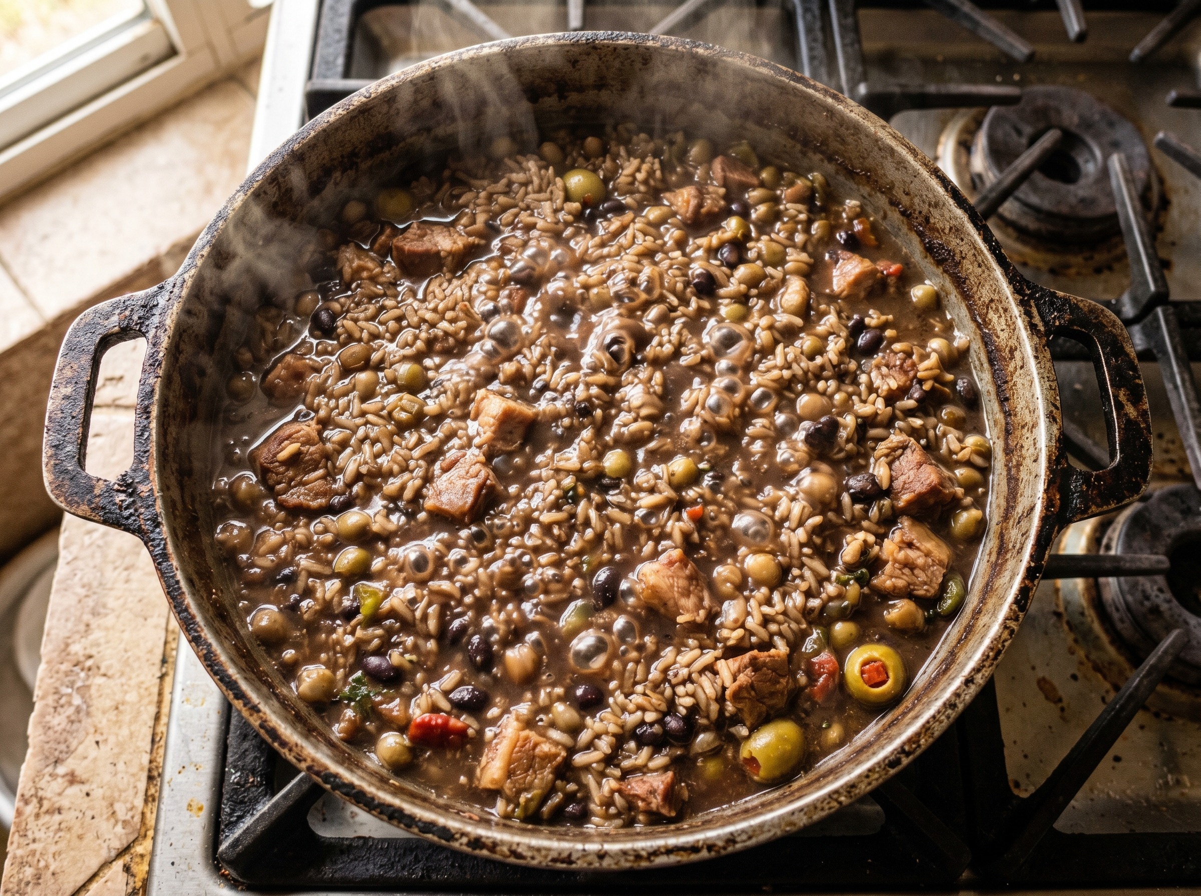 Rice cooking with black beans and pork in a caldero, liquid partially absorbed, showing the moro-locrio coming together
