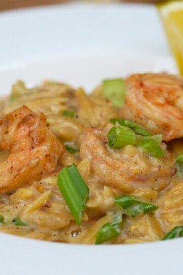 one pan shrimp and lemon orzo in a white bowl with lemon wedge
