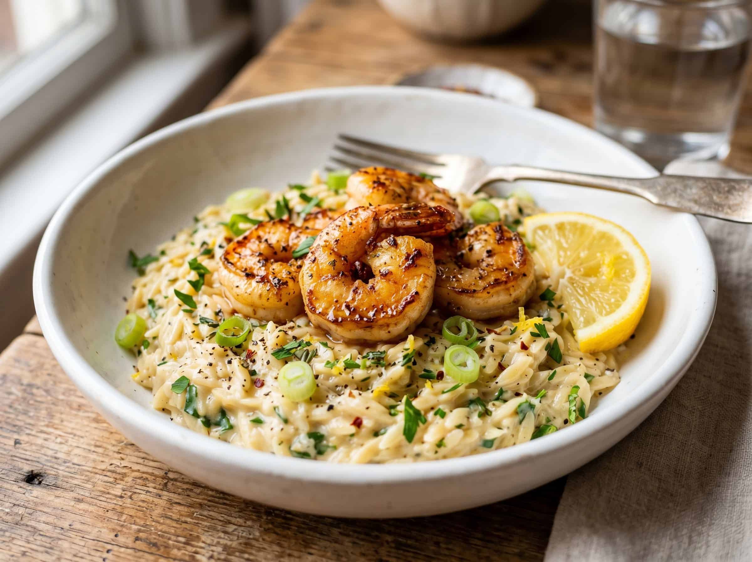 close up of one pan shrimp and lemon orzo with creamy sauce and parsley