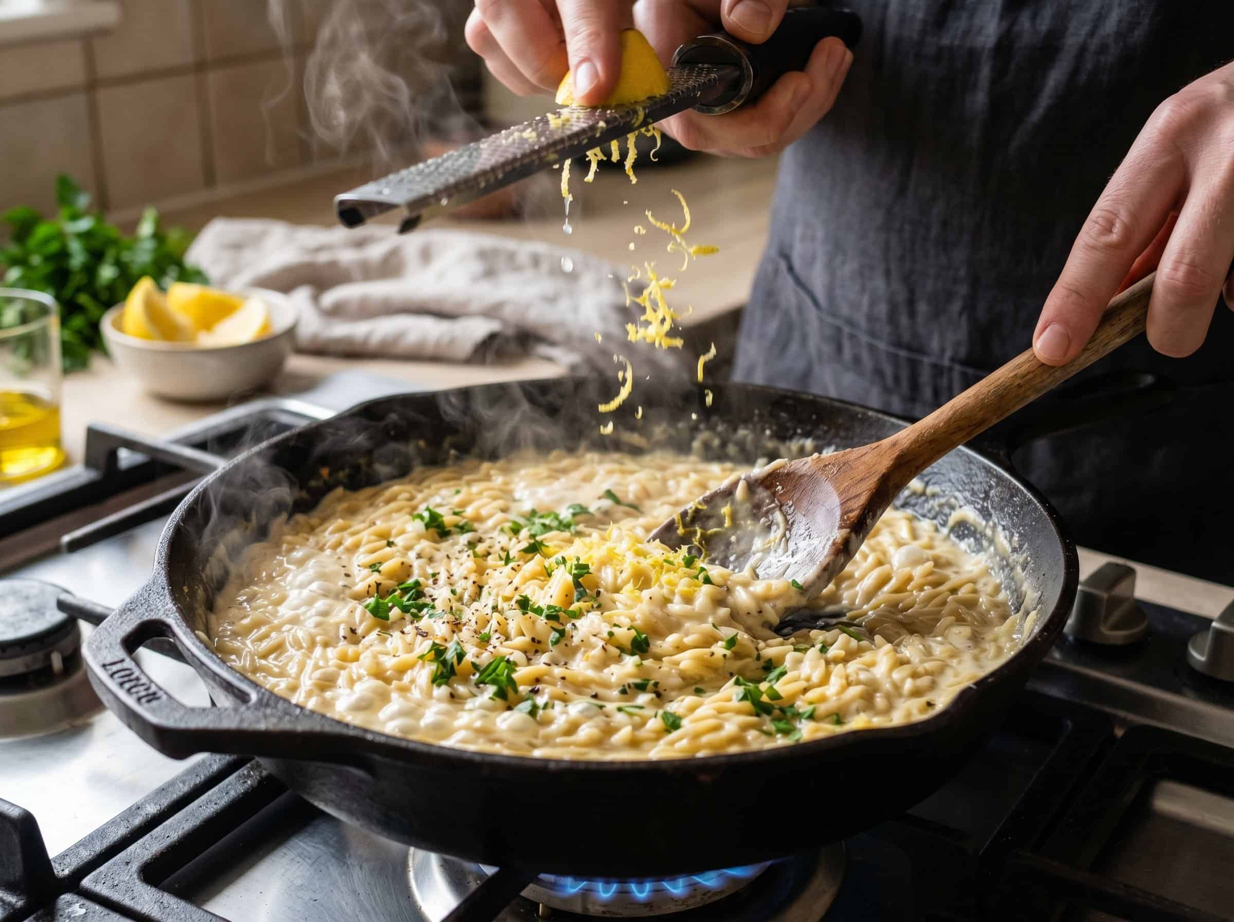 orzo pasta cooking in seasoned broth with steam rising