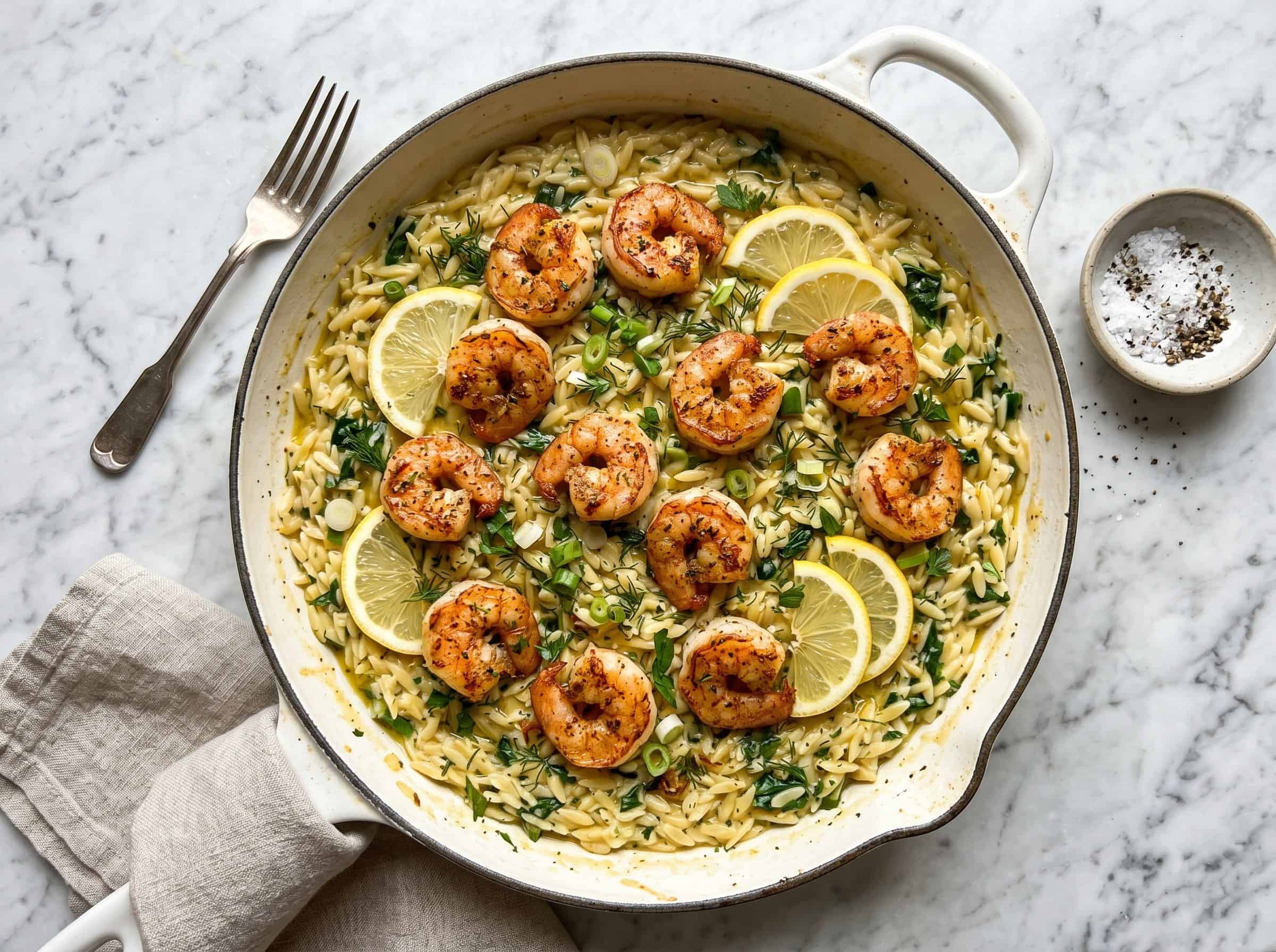 overhead view of shrimp and lemon orzo skillet with lemon wedges