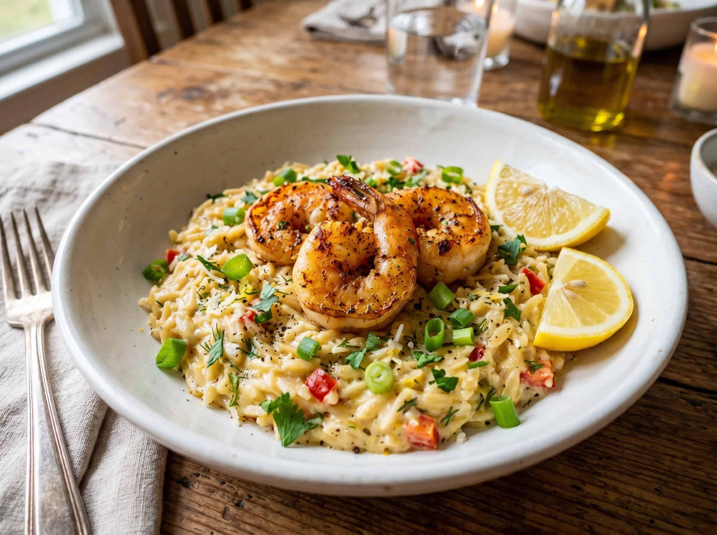 plated bowl of one pan shrimp and lemon orzo served with lemon wedge