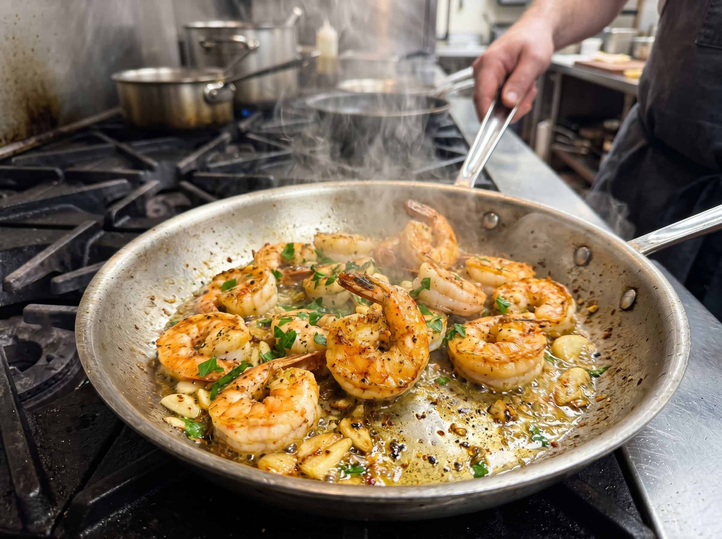 shrimp searing in a hot skillet with butter and garlic