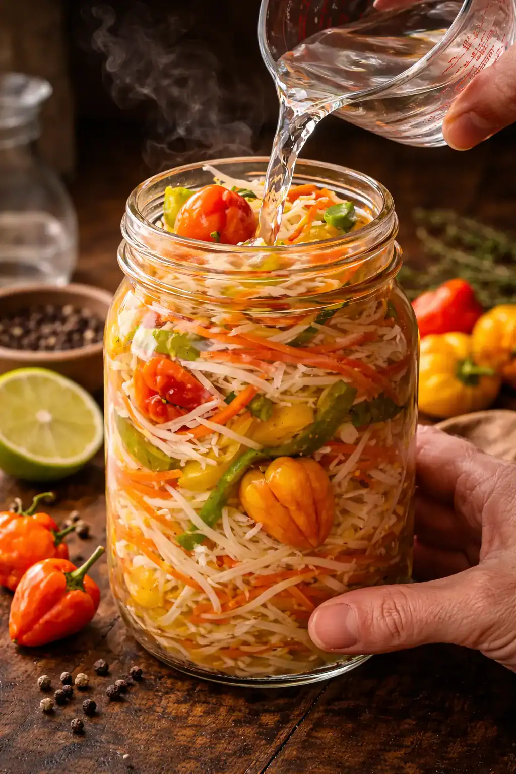 Packing fresh Haitian pikliz ingredients into a mason jar